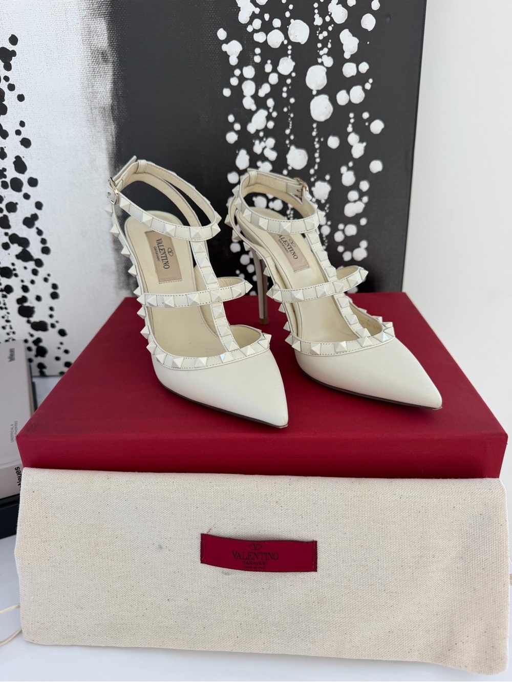 Valentino Ivory Rockstud T-Strap Pointed Pumps